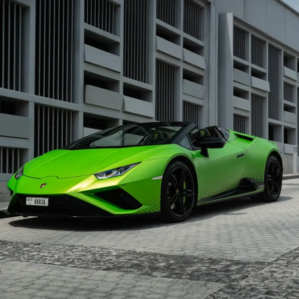 a picture of LAMBORGHINI HURACAN EVO SPYDER available for rental in dubai with front side view