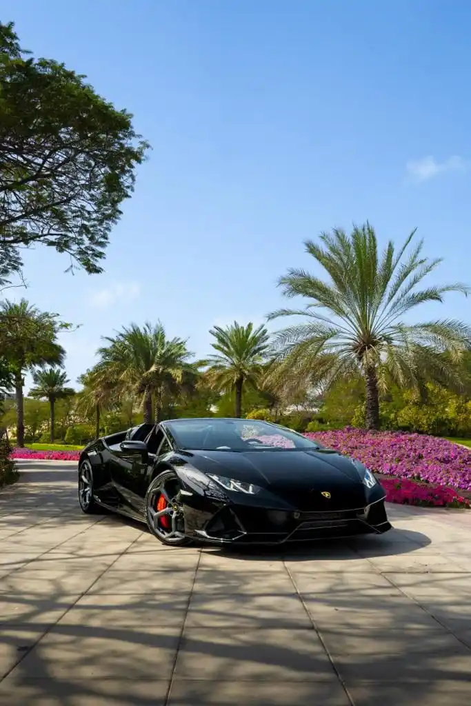 a picture of Lamborghini Evo Spyder available for rental in dubai with front side view